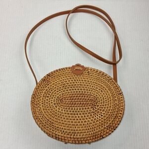 Round Tan Rattan Wicker Handmade Shoulder Crossbody Bag